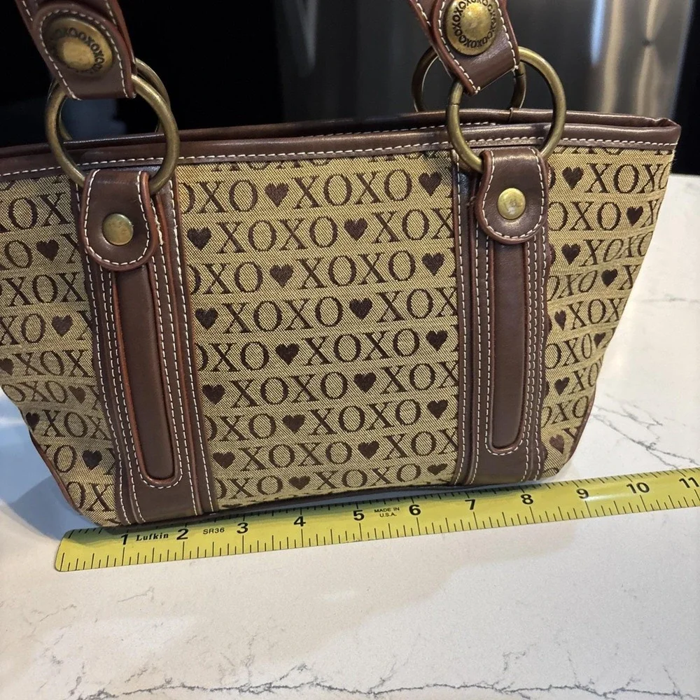 Vintage XOXO Shoulder Bag Purse Brown Canvas Studded Buckles Hobo Handbag Y2K